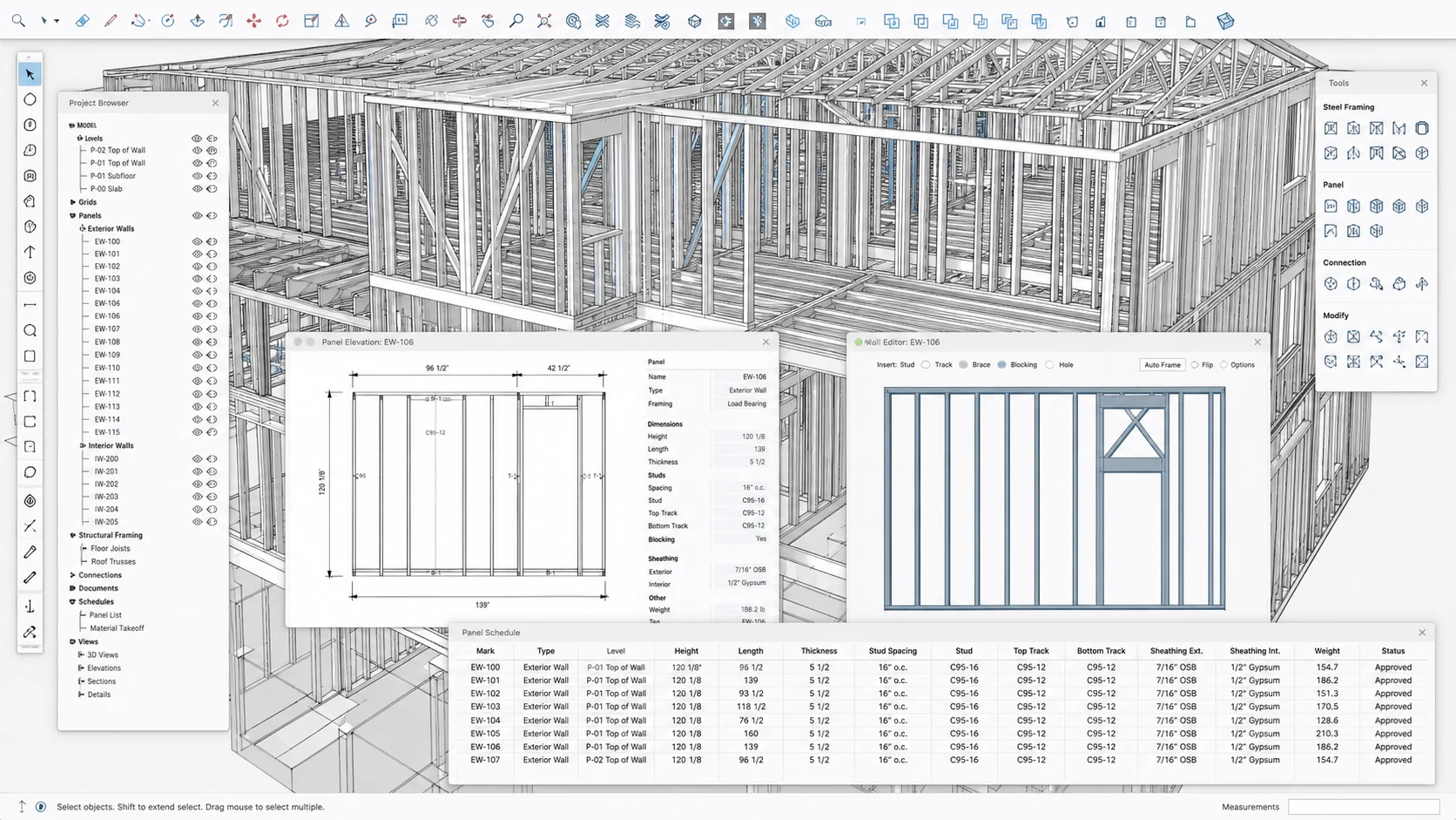 Visualización ilustrativa de una estructura de Steel Framing en un entorno de panelizado similar al flujo de trabajo de SketchFramer